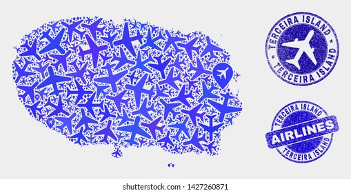 Aircraft vector Terceira Island map mosaic and scratched seals. Abstract Terceira Island map is done of blue flat random aviation symbols and map locations. Flight scheme in blue colors,