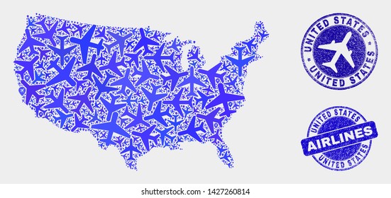 Aircraft vector United States map collage and scratched stamps. Abstract United States map is created with blue flat scattered aircraft symbols and map pointers. Shipping plan in blue colors,