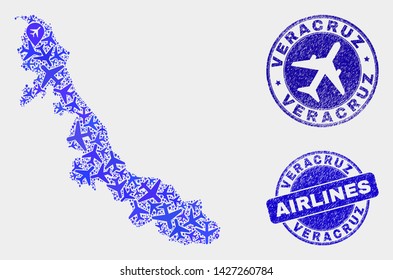 Aircraft vector Veracruz State map mosaic and grunge stamps. Abstract Veracruz State map is done of blue flat random airline symbols and map markers. Delivery scheme in blue colors,