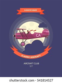Aircraft. Vintage airplane lettering for printing. Vector old school aircraft poster. Retro air show t-shirt print design with motivational text and effect. Biplane on  background. Illustration
