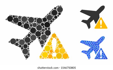 Aircraft warning mosaic of round dots in variable sizes and shades, based on aircraft warning icon. Vector round dots are grouped into blue mosaic.