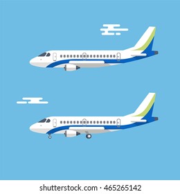 Aviones con amplias alas vuelan en un cielo nublado azul. Ilustración vectorial plana colorida.