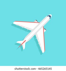 Aircraft with wide wings is flying in blue sky. Colorful flat vector illustration.