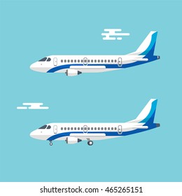 Aircraft with wide wings is flying in blue cloudy sky. Colorful flat vector illustration.