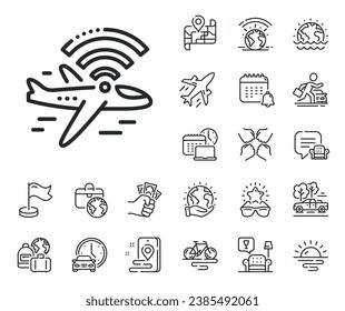 Aircraft wi-fi sign. Plane jet, travel map and baggage claim outline icons. Airplane wifi line icon. Inflight internet symbol. Airplane wifi line sign. Car rental, taxi transport icon. Vector