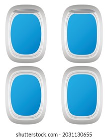 Aircraft window. Airplane porthole. Various types. With curtains and without.