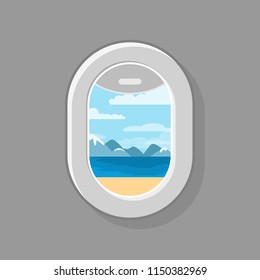 Aircraft window. Beautiful view of summer ocean from window in the plane. Flat vector illustration