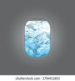 Aircraft window with beautiful view. Vector hand drawn illustration