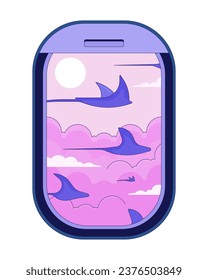 Ventana de avión con peces de rayos voladores en objeto de dibujos animados lineales en 2D. Fondo blanco del elemento vector de línea aislado de la ventana del avión. Flugzeug del Fenster sobre las nubes color de la ilustración de manchas planas