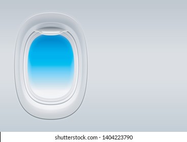 Aircraft window with open and place for text on the right side. Concept of airplane travel, tourism and air transportation. Vector illustration.