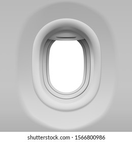 Aircraft window. Realistic airplane porthole with open shade. Vector template of plane interior illuminator with white background outside