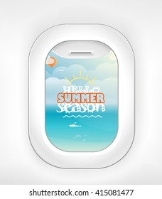 Aircraft window. Summer season vacation illustration. Vacation vector concept
