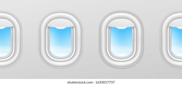 Aircraft windows. Airplane illuminators, plane portholes seamless vector exterior with blue sky outside