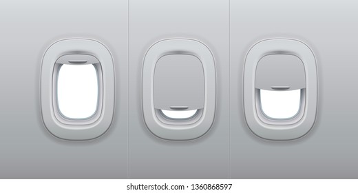 Aircraft windows. Airplane indoor portholes, plane interior window and fuselage glass porthole. Plastic or glass plane windows 3d vector isolated illustration set