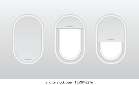 Aircraft windows with curtains in different positions and blank copyspace inside. Three realistic portholes of airplane from plastic with open and closed windows.  Plastic or glass plane windows 