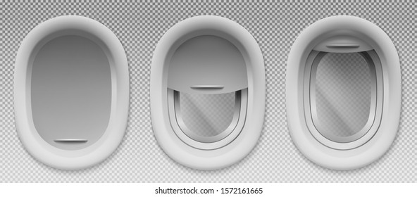 Aircraft windows. Set of three realistic airplane portholes with open and closed shade. Vector template of plane interior illuminators isolated on transparent background
