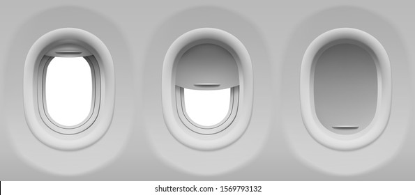 Aircraft Windows. Three Realistic Airplane Portholes With Open And Closed Shade. Vector Template Of Plane Interior Illuminators With White Background Outside