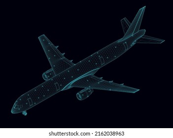 Aircraft wireframe from blue lines isolated on a dark background. Isometric view. 3D. Vector illustration.