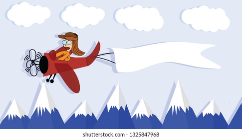 Aircraft with women driving are flying, set with banners on iceberg, templates for text, illustrations - vector