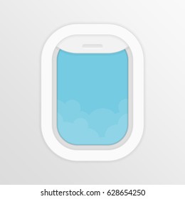 Aircraft,airplane windows with cloudy blue sky outside. Travel or tourism concept. Vector illustration in flat style. EPS 10.