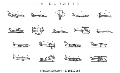 Aircrafts concept line style vector icons set.