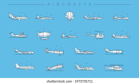 Aircrafts concept line style vector icons set.