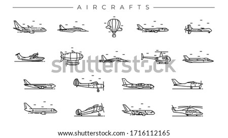 Aircrafts concept line style vector icons set.