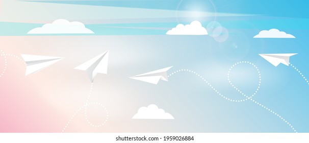 Aircrafts fly between clouds and light in sky. Pattern mockup design with white paper planes