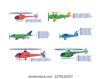 Aircrafts flying with blank advertising banners set. Blank horizontal banner pulled by airplanes and helicopters cartoon vector illustration