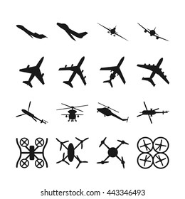 Aircrafts, helicopters, drones black vector icons. Set of aircraft quadrocopte and helicopter. Military aircraft illustration