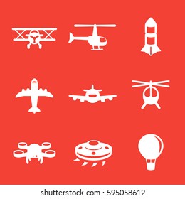 Aircrafts icons, airplane, aviation, air transport, helicopter, drone, biplane, air balloon, alien spaceship