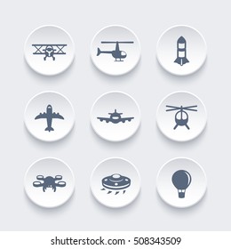 Aircrafts icons set, airplane, aviation, air transport, helicopter, drone, biplane, alien spaceship, air balloon, vector illustration