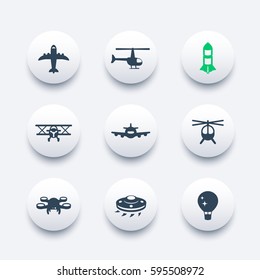 Aircrafts icons set, aviation, air transport, airplane, helicopter, drone, biplane, alien spaceship, balloon