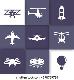 Aircrafts icons set, aviation, airplane, helicopter, drone, biplane, alien spaceship, top view of plane