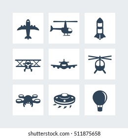Aircrafts icons set isolated on white, vector illustration
