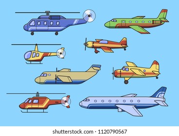 Aircrafts, set of airplanes and helicopters. Flat vector illustration. Set of images. Isolated on blue background.