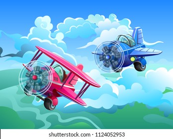 Aircrafts in the sky. Screw aircraft and screw biplane. Vector illustration.