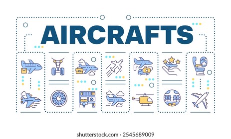 Concepto de palabra de aviones aislado en blanco. Servicio de aerolíneas. Viajar, transporte. Anuncio de ilustración creativa rodeado de iconos coloridos de línea editables