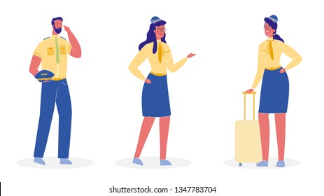 Aircrew Members Flat Vector Illustrations Set. Pilot, Airline Captain in Professional Uniform. Stewardess with Suitcase, Luggage. Flight Attendant. Airlines. Job, Occupation, Profession