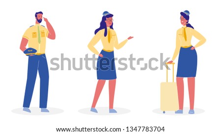 Aircrew Members Flat Vector Illustrations Set. Pilot, Airline Captain in Professional Uniform. Stewardess with Suitcase, Luggage. Flight Attendant. Airlines. Job, Occupation, Profession