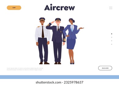 Aircrew service landing page with happy first and second pilot of airliner and air hostess team