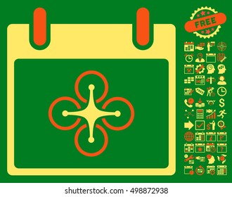 Airdrone Calendar Day pictograph with bonus calendar and time management symbols. Vector illustration style is flat iconic symbols, orange and yellow, green background.