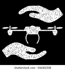 Airdrone Care Hands grainy textured icon for overlay watermark stamps. Flat symbol with unclean texture. Dotted vector white ink rubber seal stamp with grunge design on a black background.