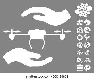 Airdrone Care Hands icon with bonus setup tools symbols. Vector illustration style is flat iconic symbols, white color, gray background.
