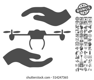 Airdrone Care Hands icon with bonus calendar and time management symbols. Vector illustration style is flat iconic symbols, gray color, white background.