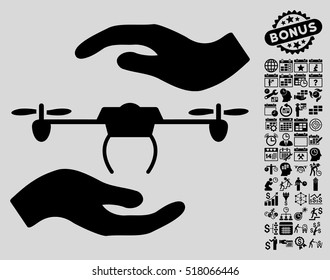 Airdrone Care Hands icon with bonus calendar and time management icon set. Vector illustration style is flat iconic symbols, black color, light gray background.