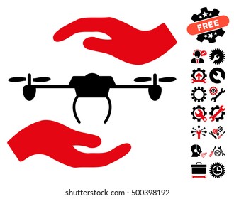 Airdrone Care Hands pictograph with bonus settings pictograms. Vector illustration style is flat iconic symbols, intensive red and black colors, white background.