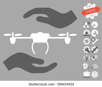 Airdrone Care Hands pictograph with bonus configuration symbols. Vector illustration style is flat iconic symbols, dark gray and white colors, silver background.