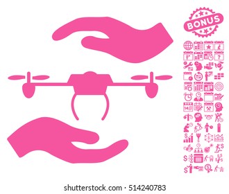 Airdrone Care Hands pictograph with bonus calendar and time management pictograms. Vector illustration style is flat iconic symbols, pink color, white background.