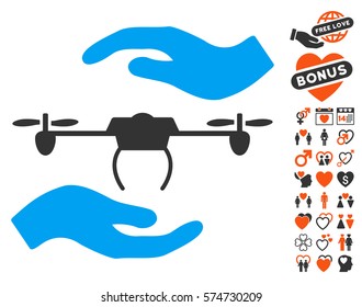 Airdrone Care Hands pictograph with bonus amour pictograms. Vector illustration style is flat iconic symbols for web design, app user interfaces.